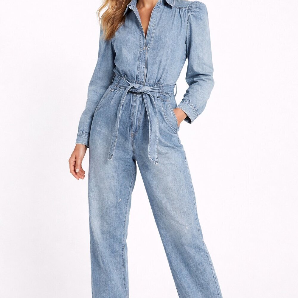 Express Light Wash Denim Jumpsuit Snap Front Belted Puff Sleeve Utility Sz 2